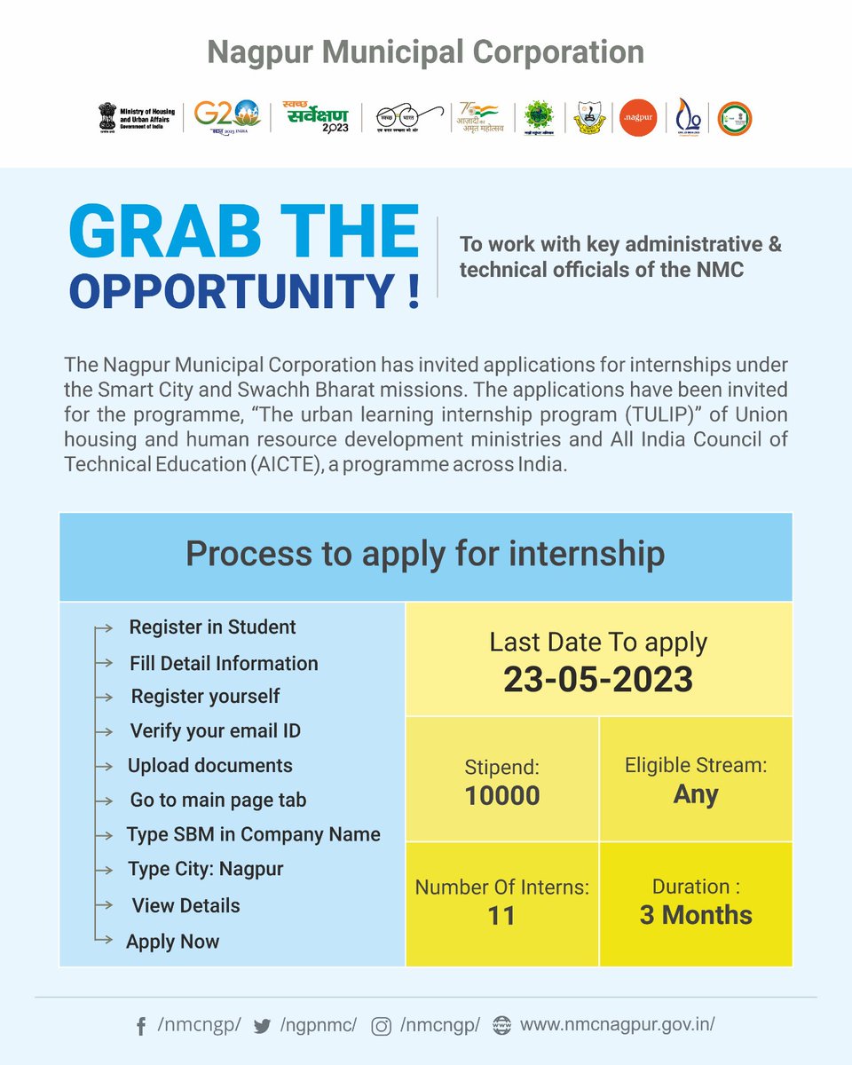 ngpnmc's tweet photo. Grab the opportunity!
To work with key administrative and technical officials of the #NMC
#learningbydoing #publicpolicy #internship #nagpur #urbanlearning #Youth4Change #U20Y20India #TULIP #g20india #y20india #urbantransformation #swacchbharat #smartcity #nmc #development https://t.co/7p5a1KOddh