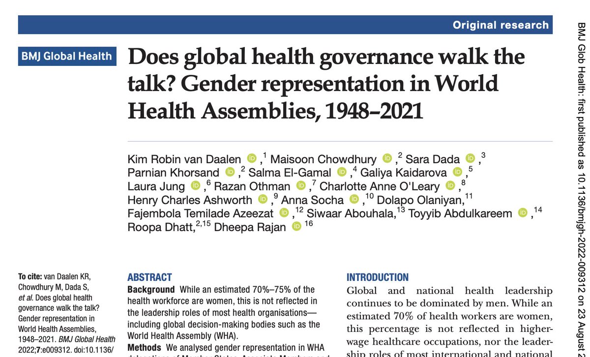 With #WHA coming up - highlighting our 2022 @GlobalHealthBMJ paper showing 👉82.9% of delegations consisted of majority men over 1948–2021 👉no WHA had >30% of women Chief Delegates 👉some countries may take >100 yrs to reach gender parity 🤯more: gh.bmj.com/content/7/8/e0…