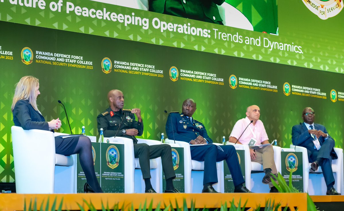 RwandaMoD's tweet photo. #NSS2023 Last session tackles “The Future of Peacekeeping Operations: Trends and Dynamics”. Ms Lisa Sharland assists Gen Jean Bosco Kazura, Lt Gen Birame Diop, Lt Gen Shailesh Tinaikar and Prof Phillip Kasaija Apuuli share their views and experiences on this matter. https://t.co/6EcDgUKbtJ