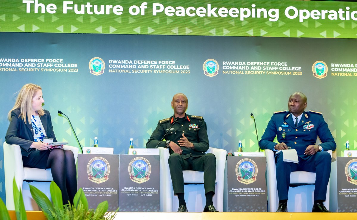RwandaMoD's tweet photo. #NSS2023 Last session tackles “The Future of Peacekeeping Operations: Trends and Dynamics”. Ms Lisa Sharland assists Gen Jean Bosco Kazura, Lt Gen Birame Diop, Lt Gen Shailesh Tinaikar and Prof Phillip Kasaija Apuuli share their views and experiences on this matter. https://t.co/6EcDgUKbtJ