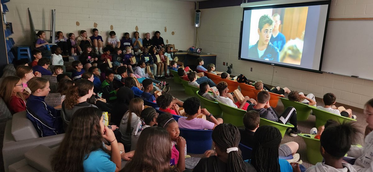 DileyTeacher's tweet image. Wrapping up the year in library with Alex Ryder! Transformed the library to a theater. #PLSDPride #DMSProud