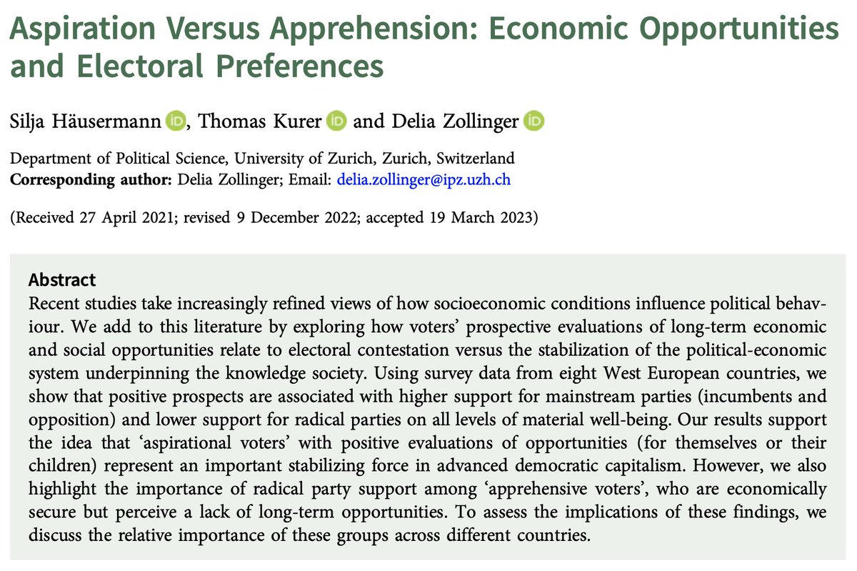 New article on voters’ perceptions of future economic opportunities and their electoral preferences with @thmskrr & @SiljaHausermann in @BJPolS! 1/4 doi.org/10.1017/S00071…