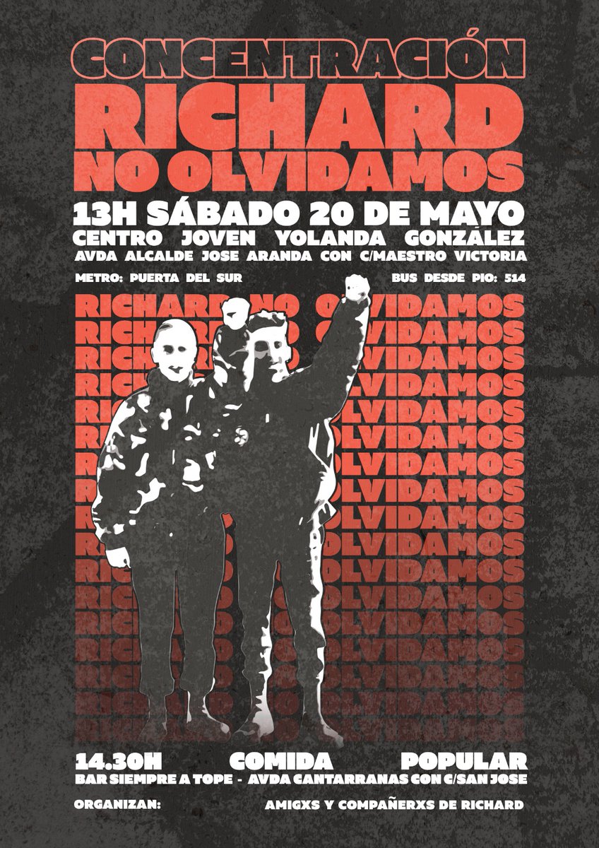 AdictosValderas's tweet photo. -HOMENAJE RICHARD-

El 21 de mayo de 1995 un grupo de neonazis asesinaron a nuestro compañero y vecino de Alcorcón, "Richard".

Mañana le rendiremos homenaje 28 años después en un acto convocado por compañerxs y amigxs de Richard.

¡RICHARD, HERMANO, NOSOTROS NO OLVIDAMOS! https://t.co/F0UiVu0yHJ