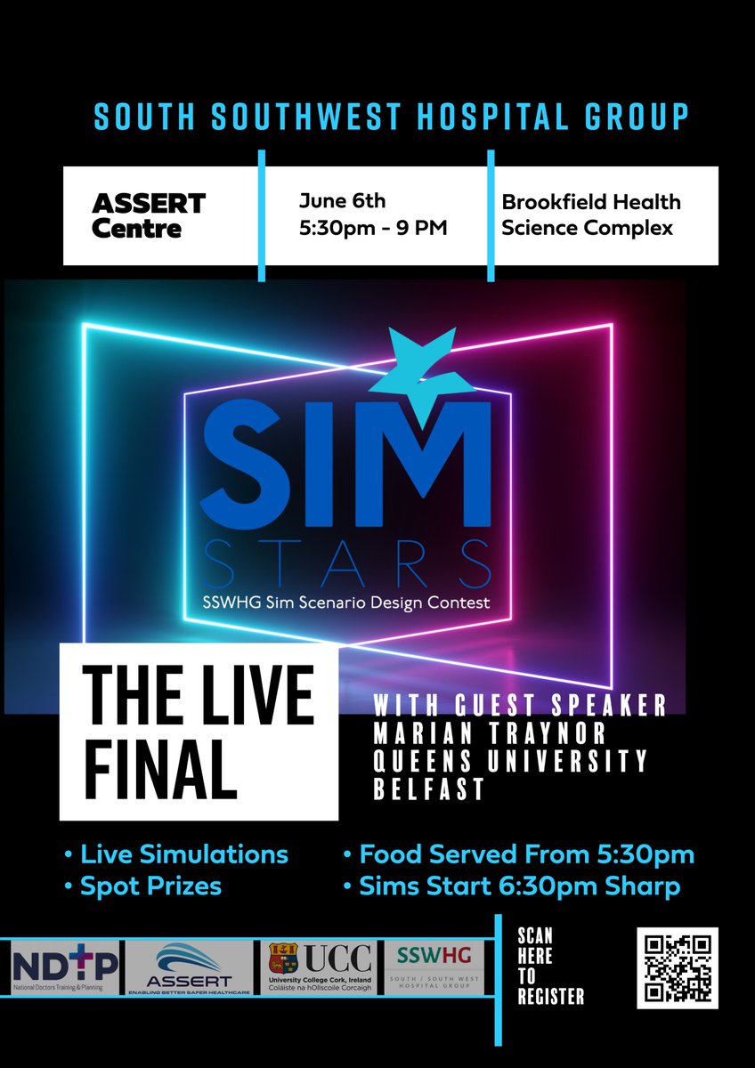 SimStarsIRL's tweet image. The finalised details, please share far and wide with your simulation network. We are delighted to have
@MarianTraynor of @QUBelfast @QUBInterSim
as our guest speaker on the night. You can register using the link or by scanning the QR code on the poster. SimStars2023LiveFinal.eventbrite.ie