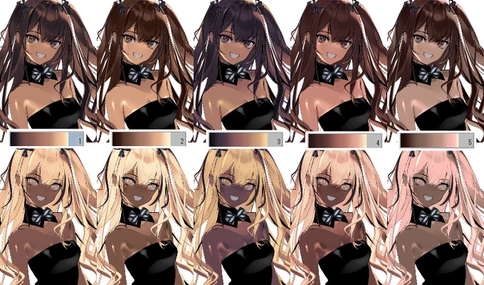 そういえば以前ツイートしたグラデをASSETSにアップしておりました無料配布です 黒髪+褐色肌、もしくは金髪(ストロベリーブロンド)+褐色肌キャラの髪と肌を一度に塗るのに便利なグラデーションマップのセットです 単なる焦茶→黄色系のグラデですが使えそうでしたら是非～ 
