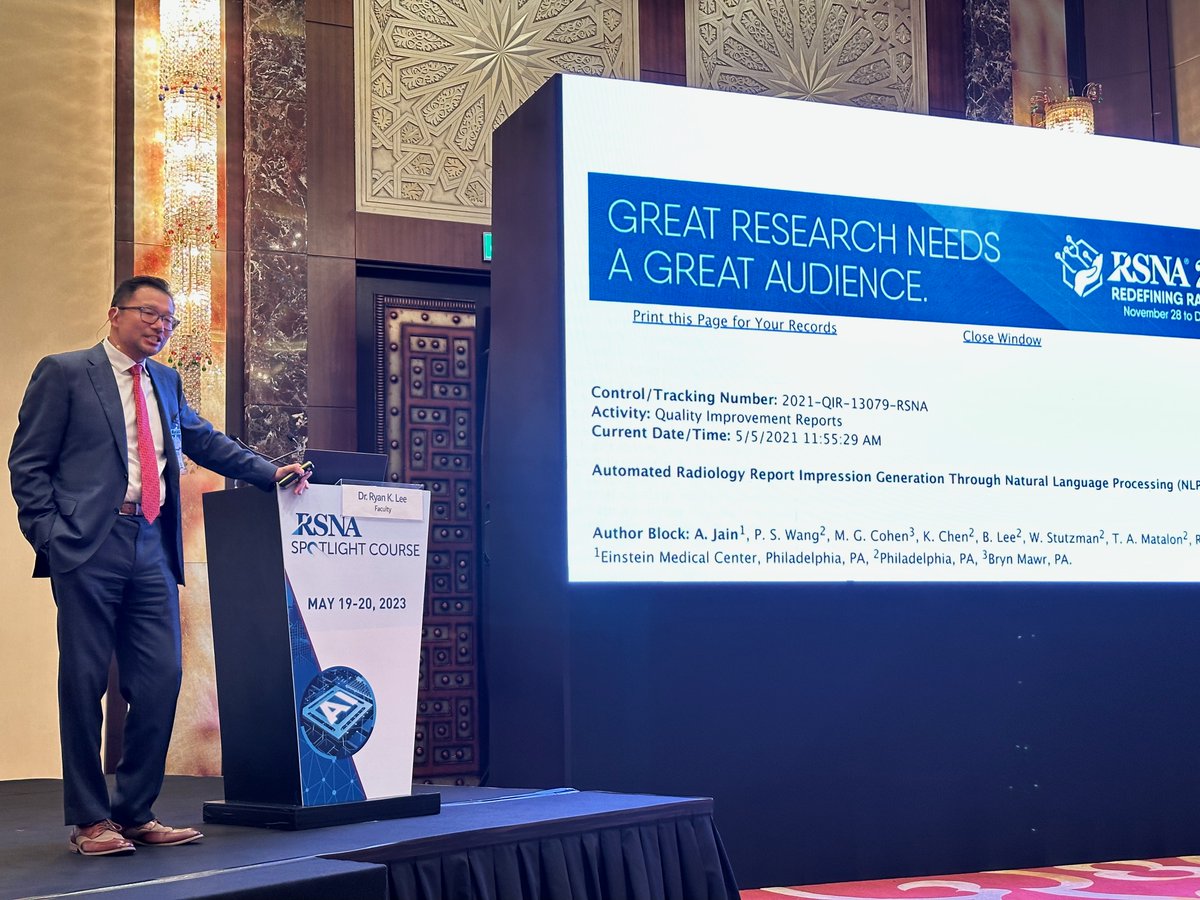 @ryankleemd presents on the use of AI in radiology reporting to improve efficiency and reduce burnout at the @RSNA Spotlight Course in Dubai #RadAI #RadML #RSNASpotlight #RSNAI