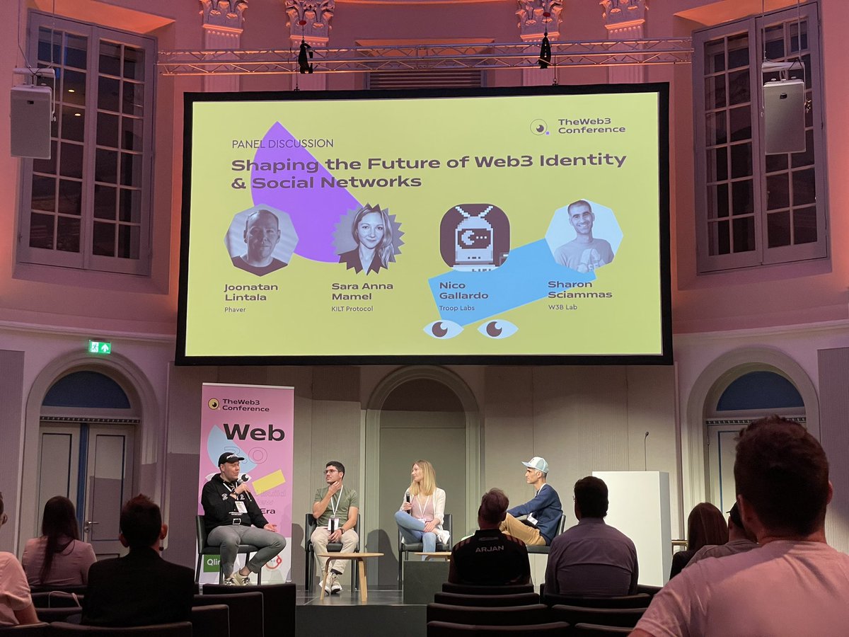 «Shaping the future of Web3 Identity &amp; Social Networks» 💜 <a href="/joonatanlintala/">Joonatan</a> from @phaverapp , Sara Anna Mamel from <a href="/Kiltprotocol/">KILT Protocol</a> , <a href="/nicnode/">Nico Gallardo</a> from <a href="/TroopLabs/">Troop Labs</a>  discussing on the stage right now and the panel is moderated by <a href="/ssciammas/">Sharon Sciammas</a> 
👁️.👁️