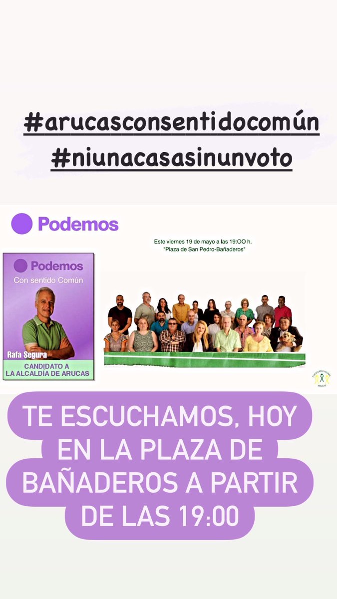 podemos_arucas's tweet photo. Esta tarde en la plaza de Bañaderos a partir de las 19:00 escuchando a los vecinos y vecinas. Té acompañamos https://t.co/PAvNwPFtvy