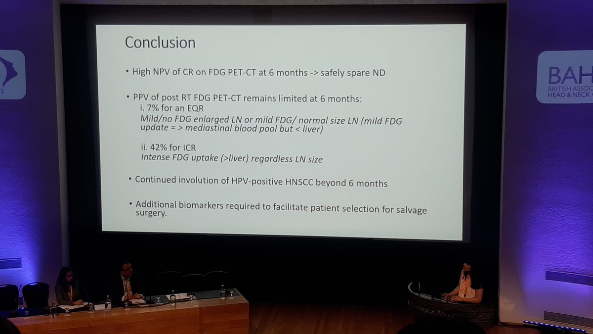 Outcomes of 6 months post radiotherapy PET-CT for residual nodal disase in HPV related HNSCC  presented by Claire Paterson #BAHNO2023  @claire_paters0n