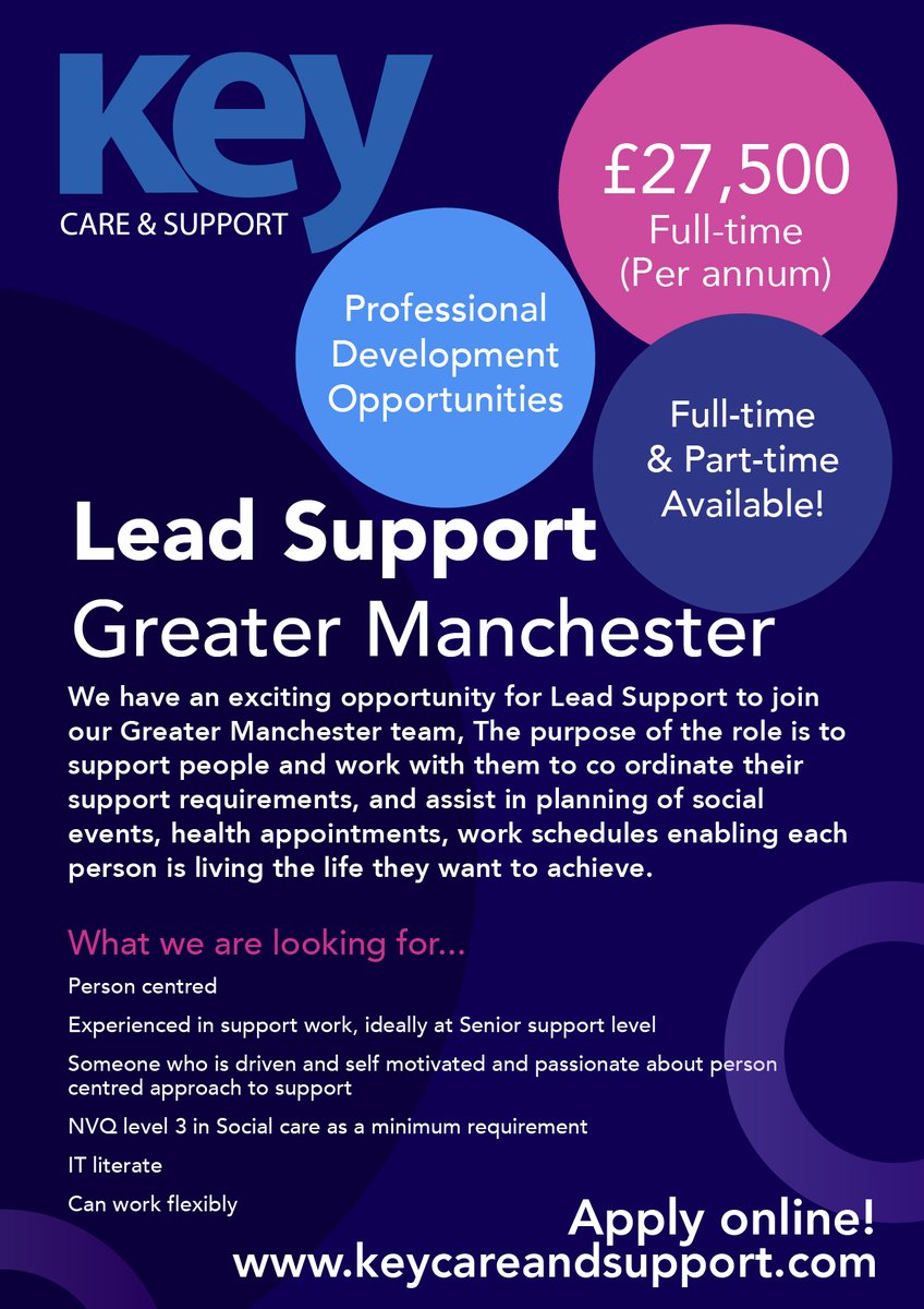 KeyCareOfficial's tweet image. #new #leadsupport #seniorlevel #greatermanchester
We have a new exciting vacancy for a Lead Support to join our team in Greater Manchester. 💙
keycareandsupport.com/jobs/lead-supp…