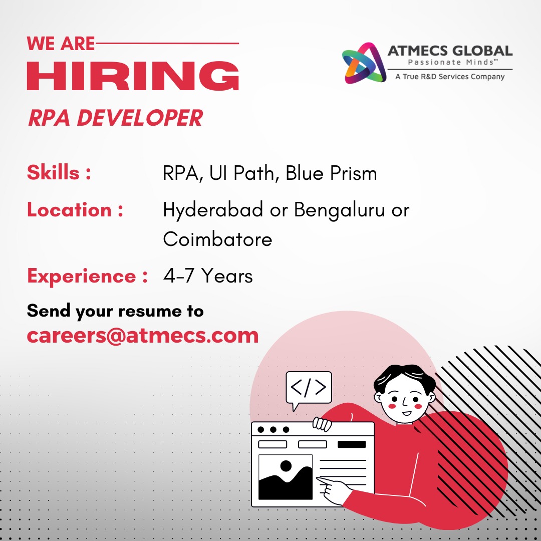 We are hiring!

#rpadeveloper #rpa #BluePrism #UiPath #BengaluruJobs #bangalorejobs #hyderabadjobs #coimbatorejobs