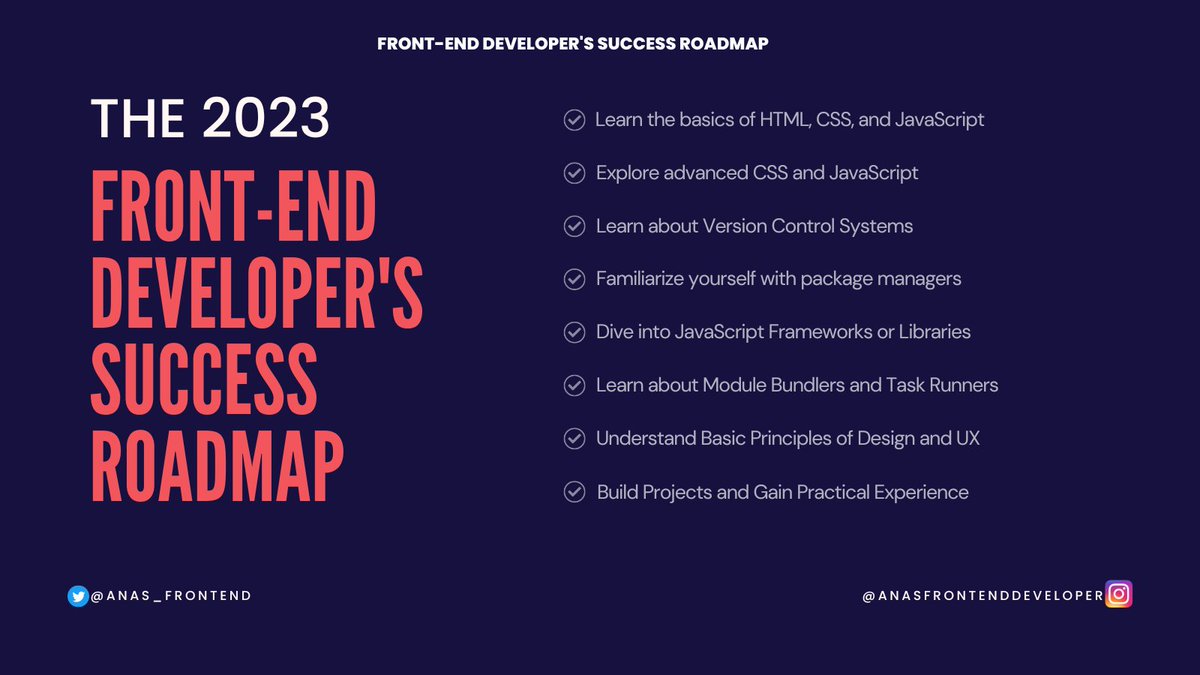anas_frontend's tweet image. Unlock 2023&apos;s roadmap to #FrontEndDev success! Master HTML, CSS, and JS, and dive into JS frameworks. Build projects, gain experience, and conquer the web! 🚀 #CodingBeginner #LearnToCode #LondonTech #UKWebDev #JavaScript #LondonCodingCommunity