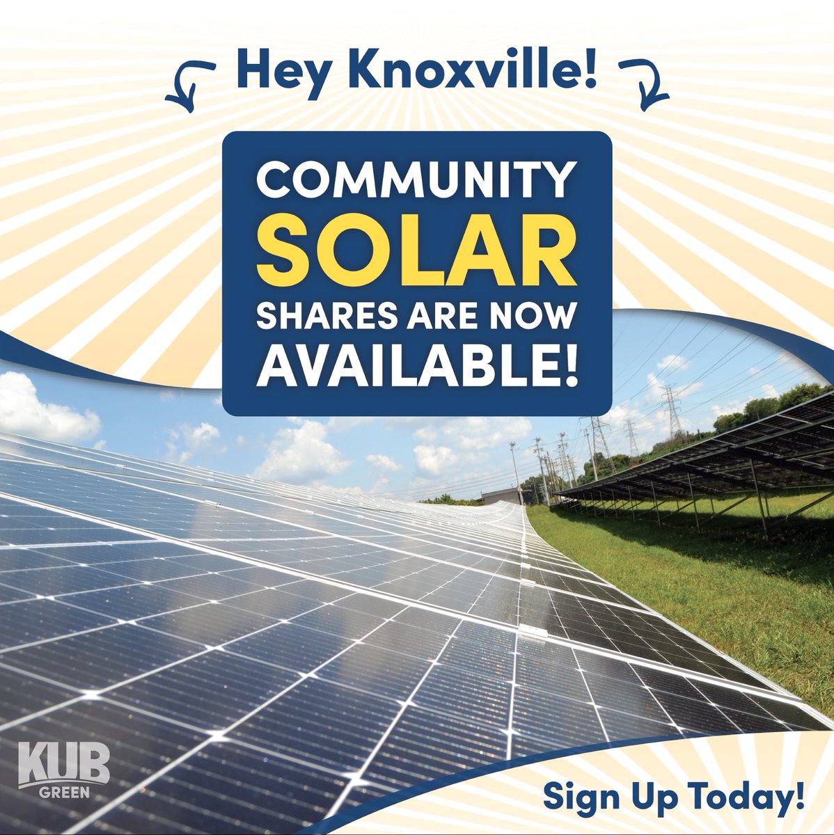KnoxKUB's tweet photo. KUB customers can now purchase a share of KUB Community Solar - Knoxville's first community solar array!

Subscribe now for a simple way to support local solar generation, https://t.co/n5n18KmPz7. https://t.co/Ys0xP9QyaM