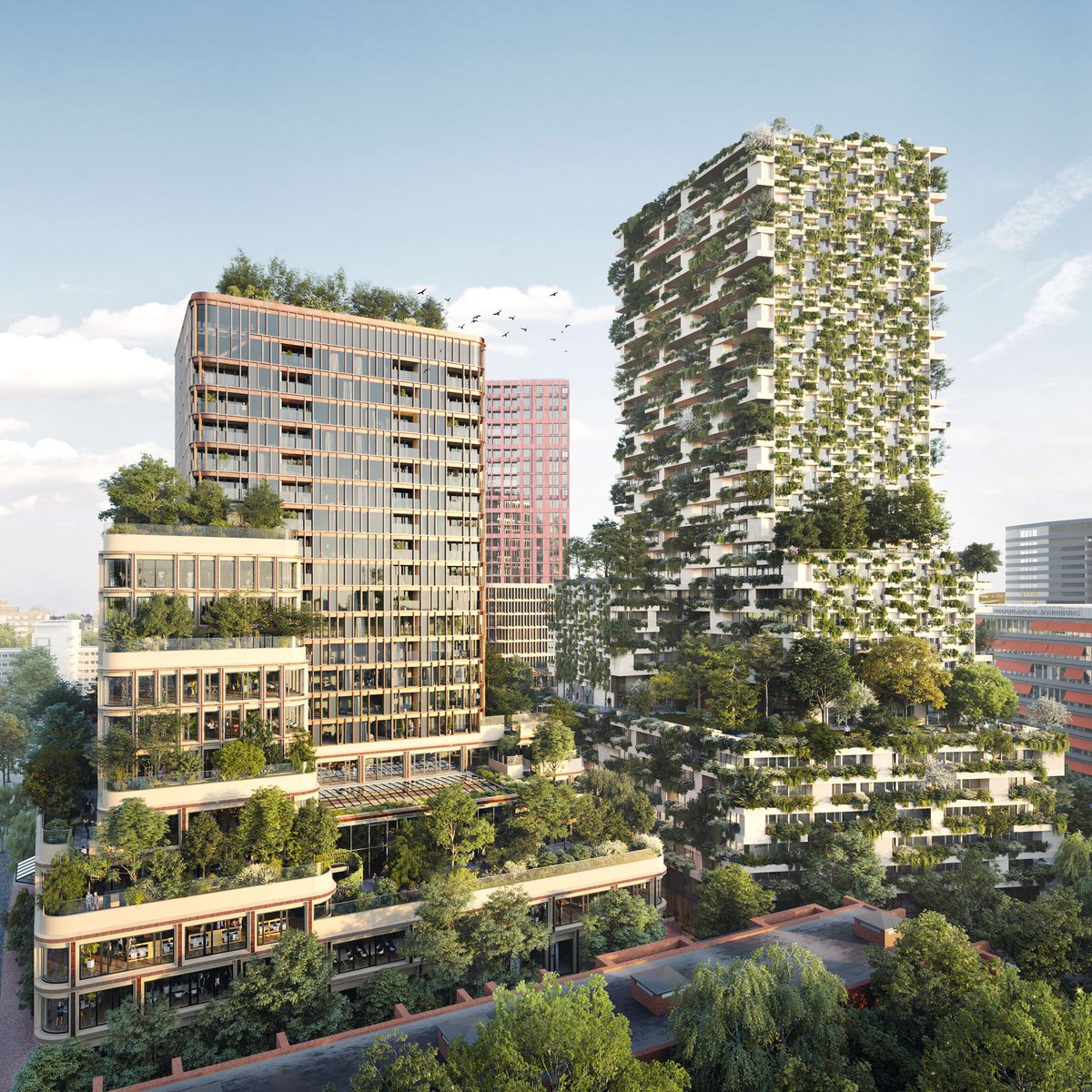 In Utrecht, the Wonderwoods project aims to bring nature into the city with two green towers, reaching 105 and 70 meters high. Koninklijke Ginkel Groep handles greenery creation and maintenance, utilizing abseiling "flying gardeners." Completion is expected by summer 2024.