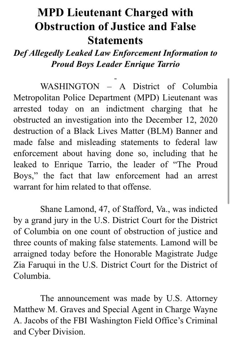 kyledcheney's tweet photo. BREAKING: DC police officer Shane LAMOND has been charged with obstruction of Justice and false statements for leaking information to Proud Boys leader Enrique TARRIO https://t.co/jhHu1zsrD5