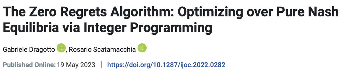 GabrieleDrag8's tweet image. 📢📢📢
Excited to announce that Zero Regrets, joint with @RosScatamacchia, is now available on @informs Journal on Computing!
📢📢📢
Want to read an article in 1' 👀? A thread 🧵!
pubsonline.informs.org/doi/epdf/10.12…
#AlgorithmicGameTheory #Optimization #IntegerProgramming #ORMS