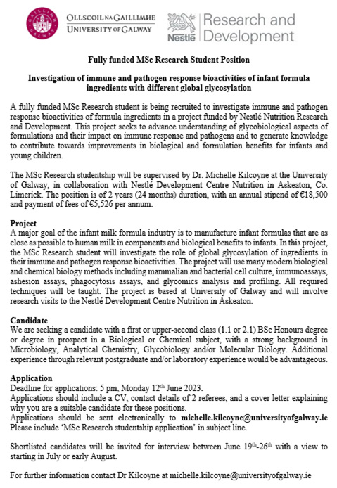 Michelle Kilcoyne (@csgontour) on Twitter photo Join our team as a MSc Research student for a fully funded studentship exploring immune and pathogen response of infant formula ingredients! Advert below. #MSc #Scholarship <a href="/sbcsgalway/">School of Biological and Chemical Sciences</a> <a href="/uniofgalway/">Ollscoil na Gaillimhe | University of Galway</a> Join our team as a MSc Research student for a fully funded studentship exploring immune and pathogen response of infant formula ingredients! Advert below. #MSc #Scholarship <a href="/sbcsgalway/">School of Biological and Chemical Sciences</a> <a href="/uniofgalway/">Ollscoil na Gaillimhe | University of Galway</a>