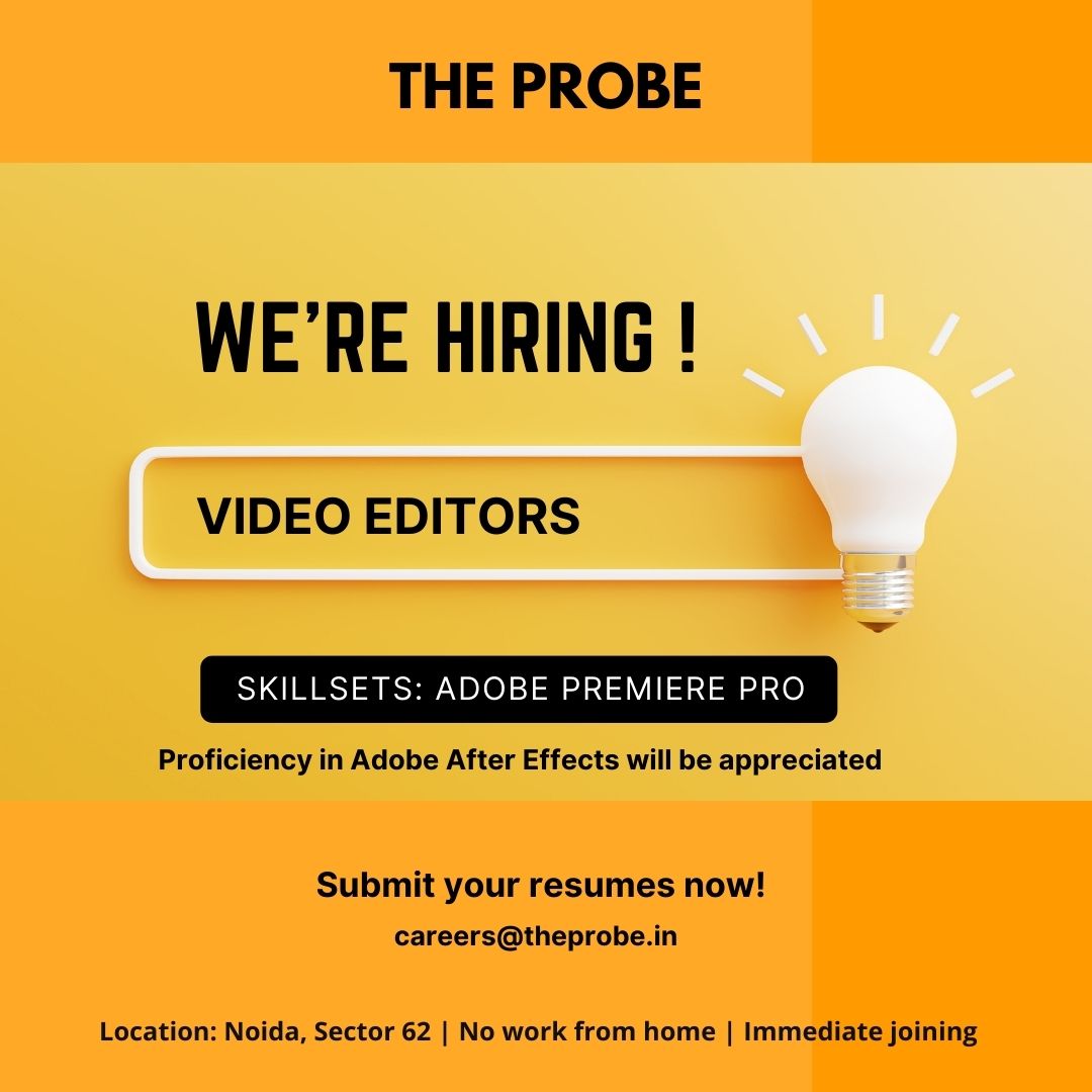 theprobeindia's tweet photo. WE ARE HIRING!
#TheProbe #Hiring #HIRINGNOW #HiringAlert #job #Jobs #JobAlert #journalismjobs #journalist #intern #journalismintern #videojournalist #videoeditor #cameraperson #ContentWriting #Writers #internships #noidajobs #delhincrjobs https://t.co/qceb4EZ3j7
