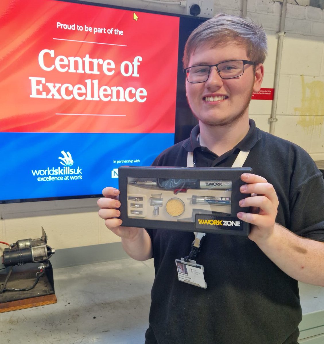 AndyTBSSSC's tweet photo. southstaffs: Gateway to Motor Vehicle learner Spencer Orme was presented with his own soldering iron by lecturer Kate as a congratulations for getting through to the National Qualifiers of @WorldSkillsUK! Kate said how hard Spencer had worked for this an… https://t.co/BtxqjOle5l