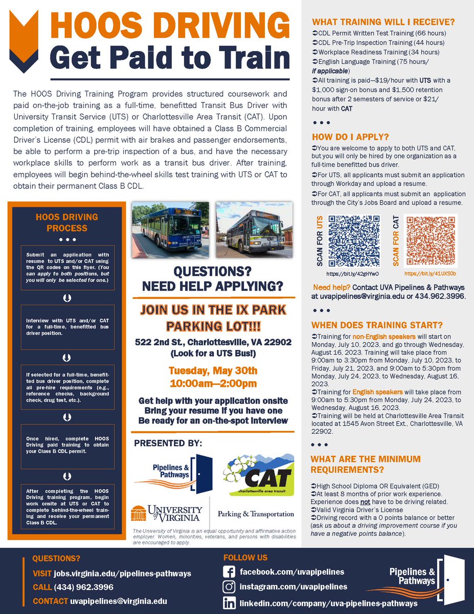PVCC Career Services (@careerspvcc) on Twitter photo Get paid to learn how to drive a bus (UVA's UTS - $19/hour; $1000 sign-on bonus/$1500 retention bonus after two semesters; CAT - $21/hour)! Attend their Hiring Event on Tues, 5/30, 10am-2pm in the IX Parking Lot. Bring your resume and be ready for an on-the-spot interview! Get paid to learn how to drive a bus (UVA's UTS - $19/hour; $1000 sign-on bonus/$1500 retention bonus after two semesters; CAT - $21/hour)! Attend their Hiring Event on Tues, 5/30, 10am-2pm in the IX Parking Lot. Bring your resume and be ready for an on-the-spot interview!