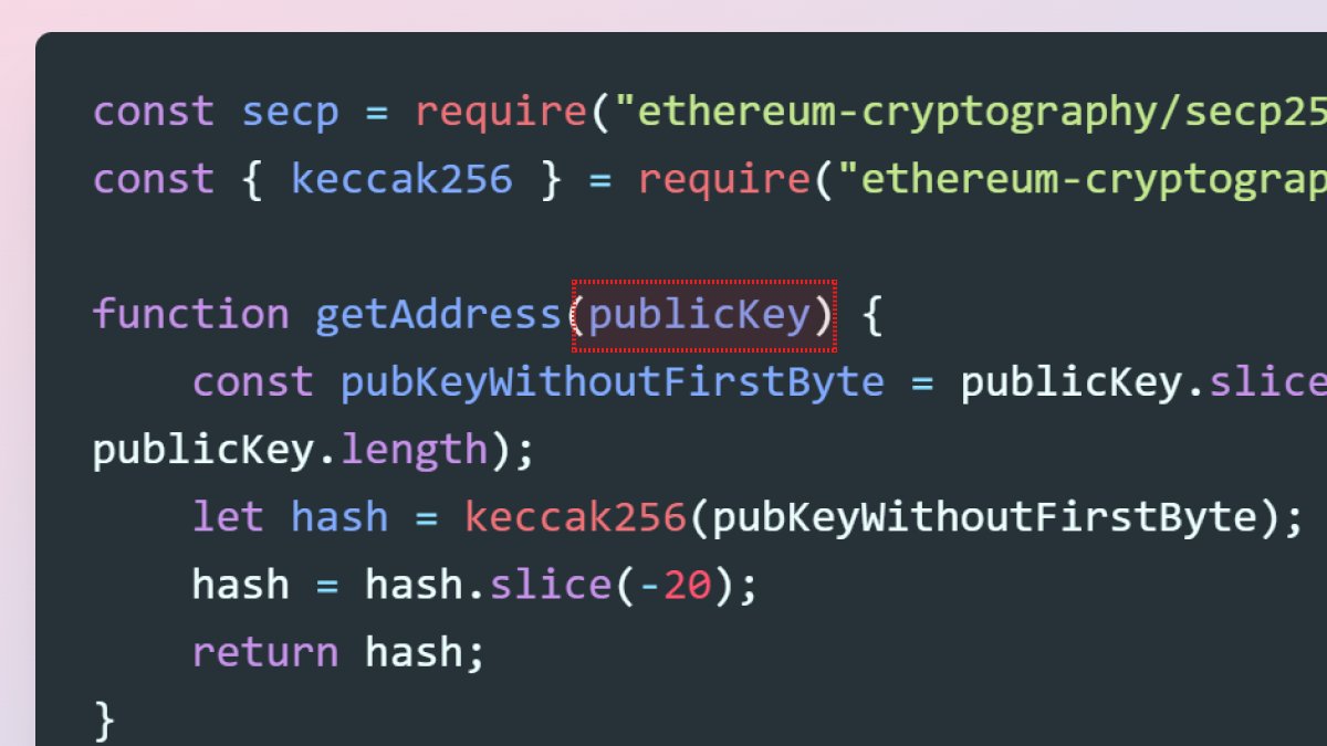 3/10 Our getAddress function accepts a publicKey as input. The public key in Ethereum is a 64-byte number, represented as a hex string. However, it's often prefixed with a 04 byte in the hex string. This byte is an identifier for uncompressed public keys. #crypto