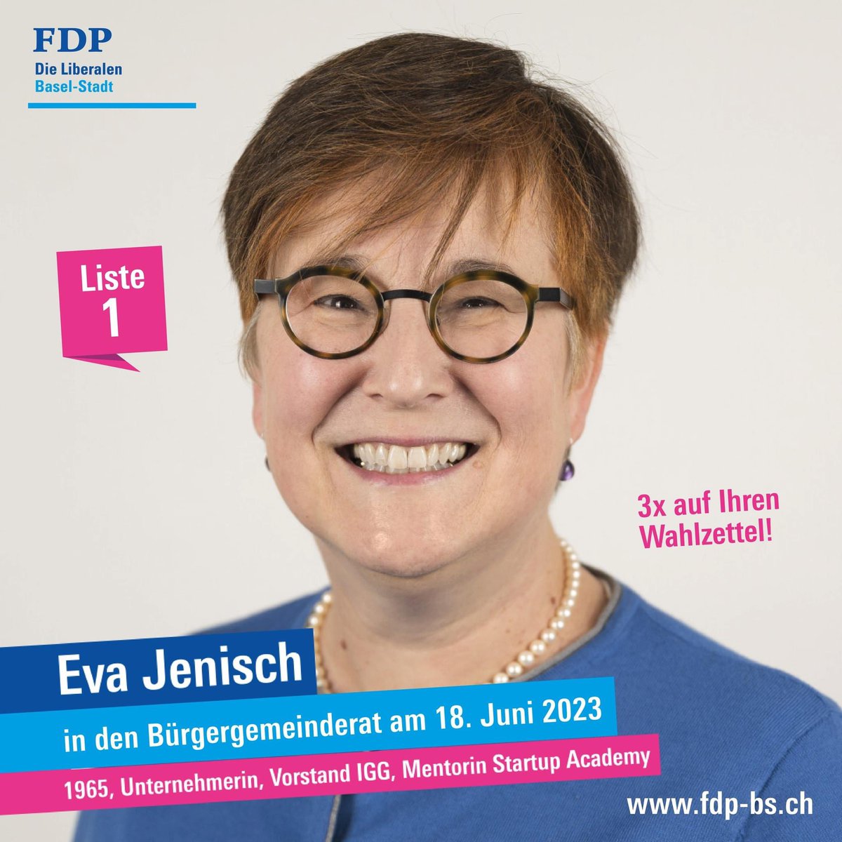 FDPBasel's tweet photo. Eva Jenisch steht für faire #Einbürgerungen, #Chancengleichheit und klare Kriterien. Weil #Migration #Basel seit Jahrhunderten vorwärts bringt. 

Eva Jenisch am 18. Juni 2023 in den #Bürgergemeinderat - vielen Dank für Ihre Stimme!
➡️ https://t.co/TOwRmkBcWw 
#FDPBasel https://t.co/5IfqSOMmzJ