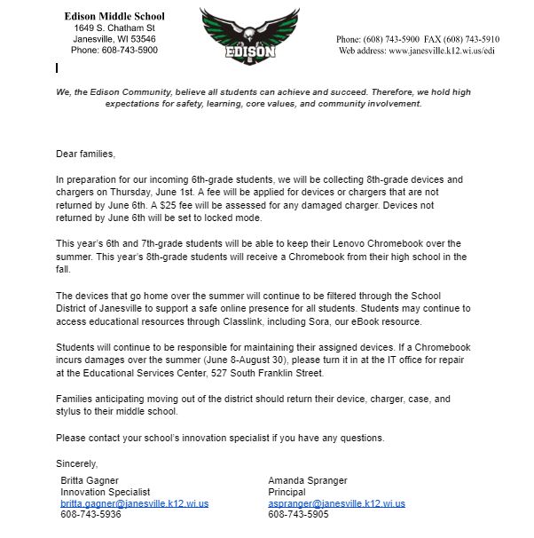 This important letter will be coming home with your student tonight, outlining our 8th-grade Chromebook device and cord collection at the end of the year. If you have any questions, please contact Mrs. Gagner at Edison.  Thank you for your support. #weareedison #somosedison