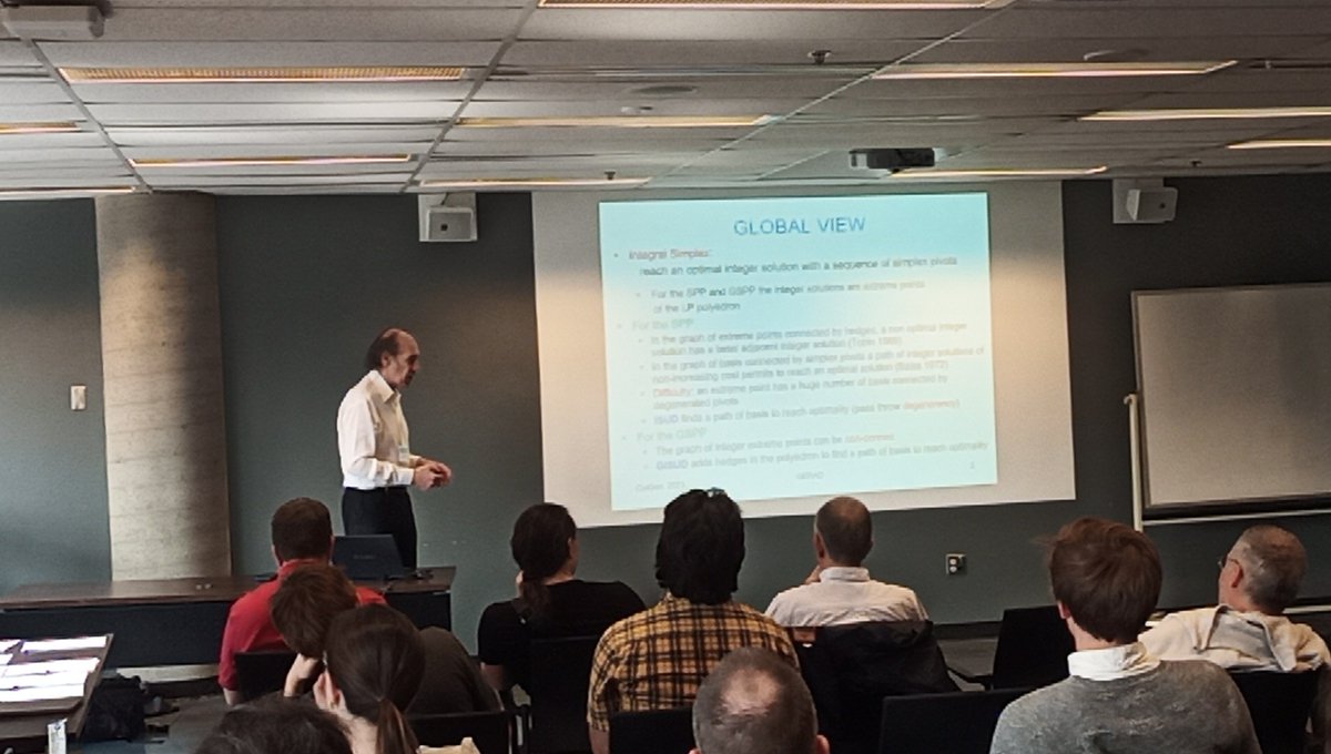 claud10contardo's tweet photo. François Soumis combines integral simplex and constraint aggregation for set partitioning problems #ColGen2023 https://t.co/DooGITVhul