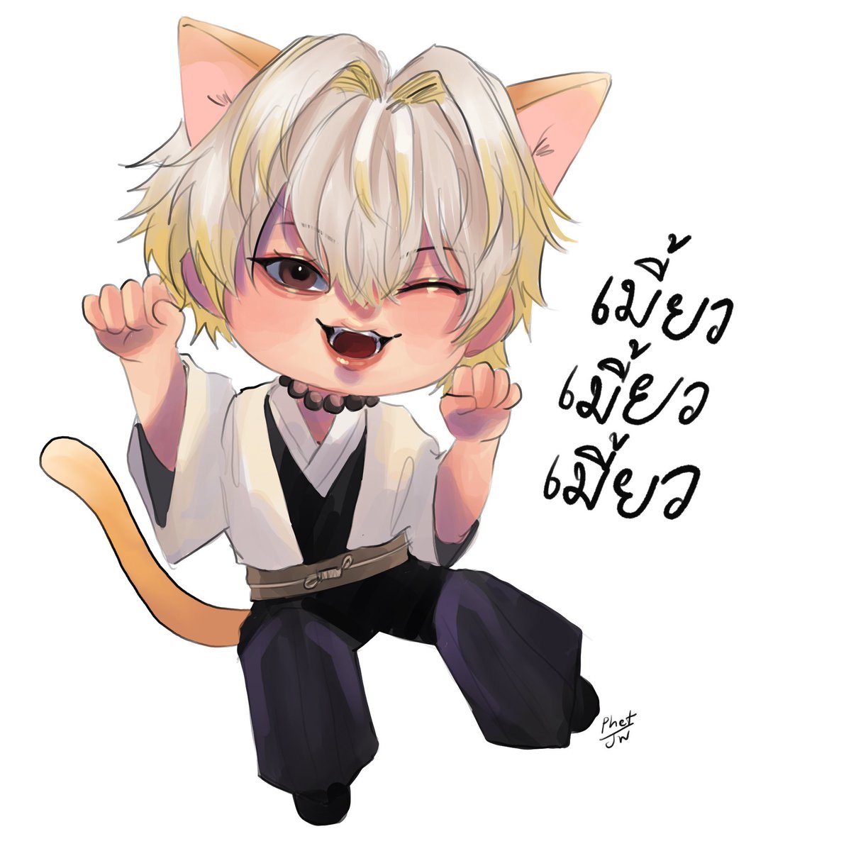 animal ears 1boy male focus tail cat ears one eye closed solo  illustration images