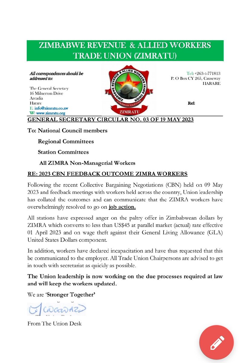 Breaking: Secretariat has just finished Collating the Outcomes from various stations on 2023 CBN. 
<a href="/ZctuZimbabwe/">ZCTU - Zimbabwe</a> 
#StrongerTogether