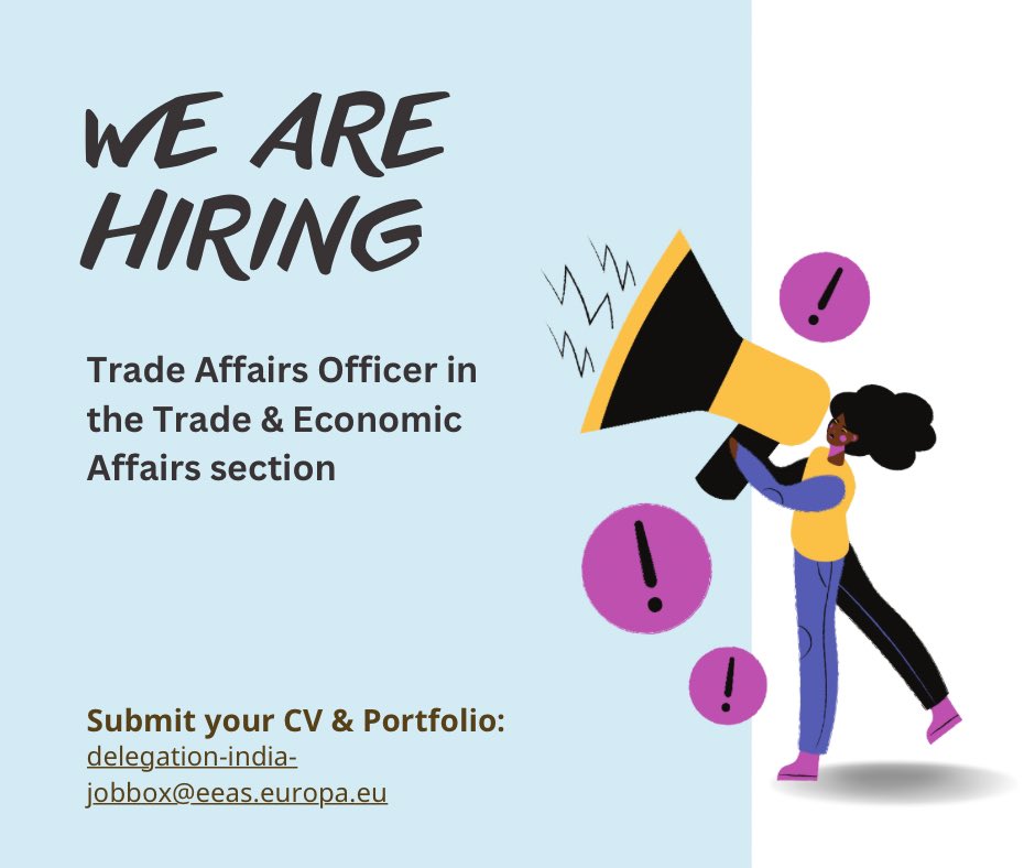 Vacancy alert!🚨

Have experience in International Trade and Economic Affairs? Interested in 🇪🇺🇮🇳 relations?

We are inviting talented individuals with over 5 years of work experience in #publicpolicy and/or relevant area to apply at: eeas.europa.eu/delegations/in…

Last date: June 5