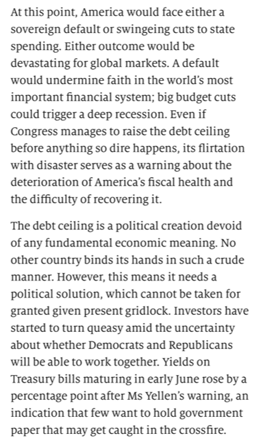 To repeat: Rs are proposing 1) cuts which would devastate the global economy 2) default which would devastate the global economy There is no virtue to what Rs are doing, and all of this just weakens US, helps Russia and China. It's fifth columnish. From @TheEconomist: 11/