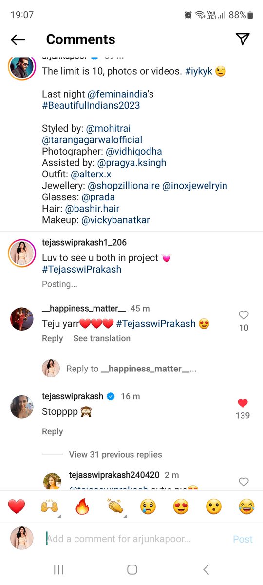 @arjunk26  kapoor uploaded there fun banter & teju also commented please shower luv there ♥️🪬 
#TejasswiPrakash #ArjunKapoor 
@itsmetejasswi 
instagram.com/p/CsbM5RzLYWt/…