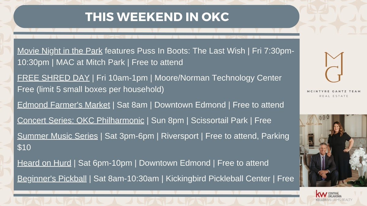 Rain🌧, rain go way... This weekend is a great time to get out and enjoy the OKC metro. 😎Here are a few suggestions. Enjoy!
 
 @kirstenmcintyre 
 
Visit our website: mcintyregantzteam.com
 
 #edmond #edmondok #okc #thingstodookc #realtor #edmondrealtor