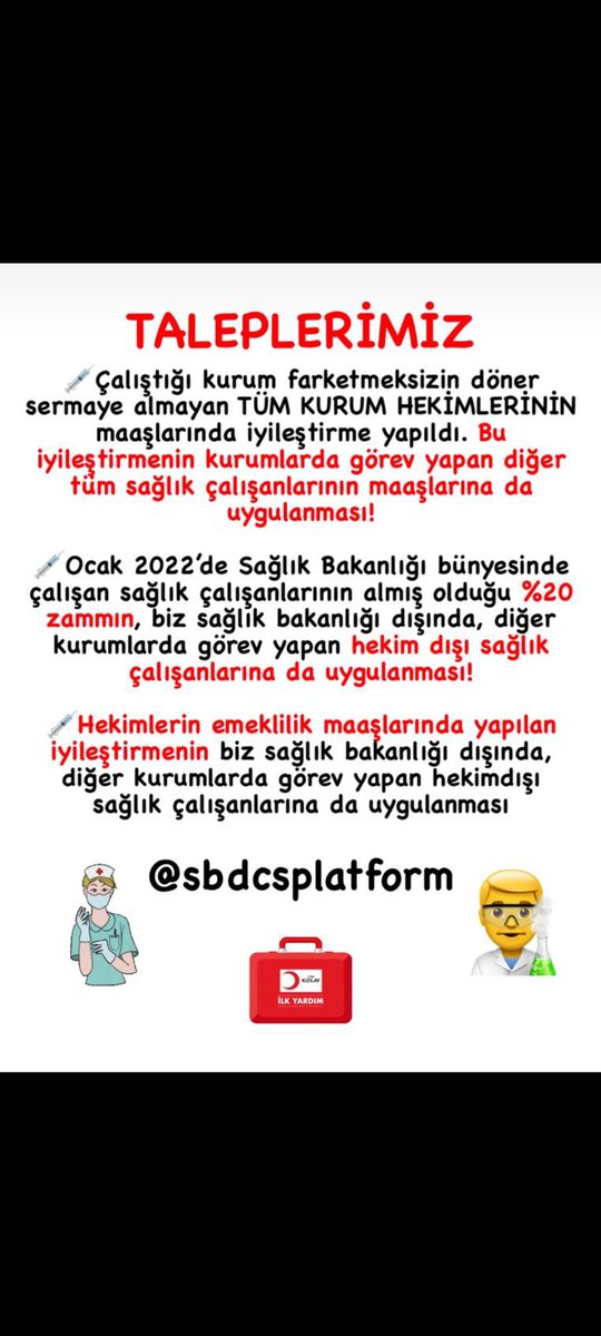 Sağlık bakanlığı dışında kamu kurumlarında görev yapan sağlıkçılar olarak kaybolan itibarımız, meslek onurumuza yakışan maaş ve haklarımızı istiyoruz. @sbdcsplatform