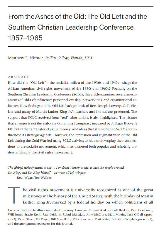 mattnichter's tweet image. my article &quot;From the Ashes of the Old: The Old Left and the Southern Christian Leadership Conference&quot; is out: tinyurl.com/2r6zmzzh 

if you don&apos;t have access to Critical Historical Studies, DM me for a pdf  

I’ll post some key findings and takeaways over the next few days