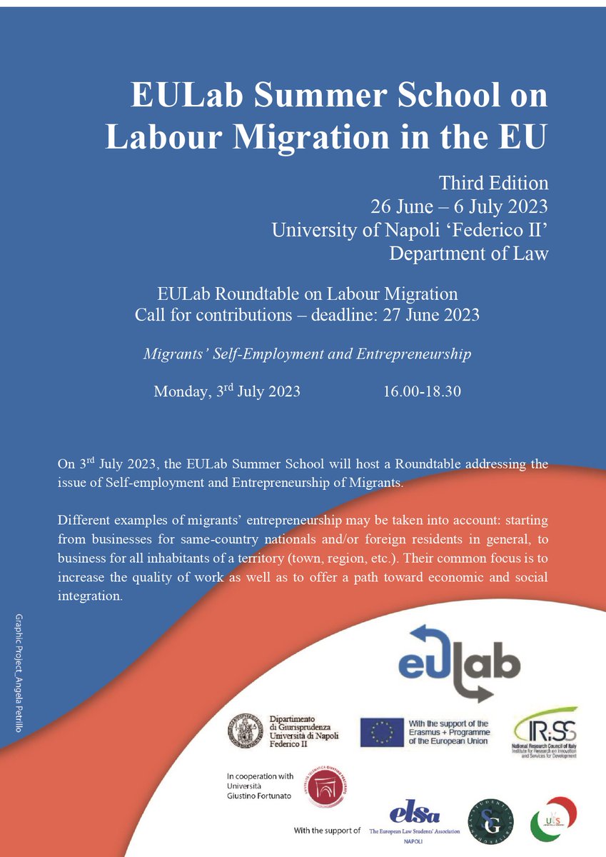 EULabFedericoII's tweet photo. 📢 Call for Constibutions: 2023 Rundtable on Labour Migration 

🇪🇺 Topic: Migrants’ Self-Employment and Entrepreneurship

🔴 Participation is free!

⏳27 June 

🔎Info: https://t.co/ql7EFLEdON https://t.co/BmCW4If3fP
