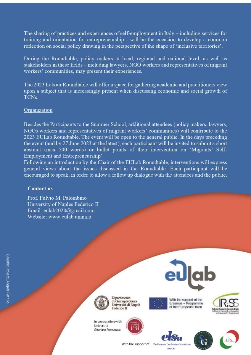 EULabFedericoII's tweet photo. 📢 Call for Constibutions: 2023 Rundtable on Labour Migration 

🇪🇺 Topic: Migrants’ Self-Employment and Entrepreneurship

🔴 Participation is free!

⏳27 June 

🔎Info: https://t.co/ql7EFLEdON https://t.co/BmCW4If3fP