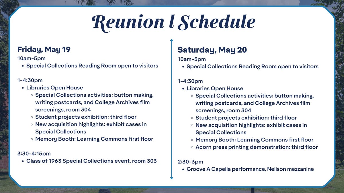 We are thrilled to welcome students, families, and the community to campus throughout Commencement and Reunion this weekend. Explore the new Neilson Library, join Special Collections for afternoon activities, and more! Check out the full schedule here: bit.ly/SCL2023Reunion