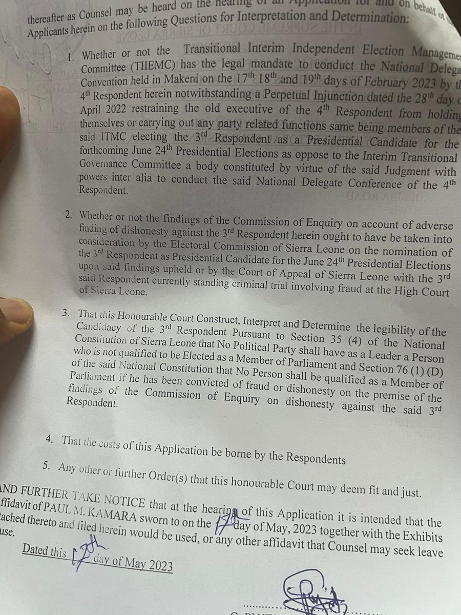 Topoftherange1's tweet photo. According Lawyer Kabba Koroma, papers filed at the Supreme Court regarding @ECsalone, @samurakamara201 and the APC are merely seeking clarifications, they do not amount to an objection to Dr Samura Kamara's candidature. June 24 #VoteSamura2023 https://t.co/a1XggwE7ex