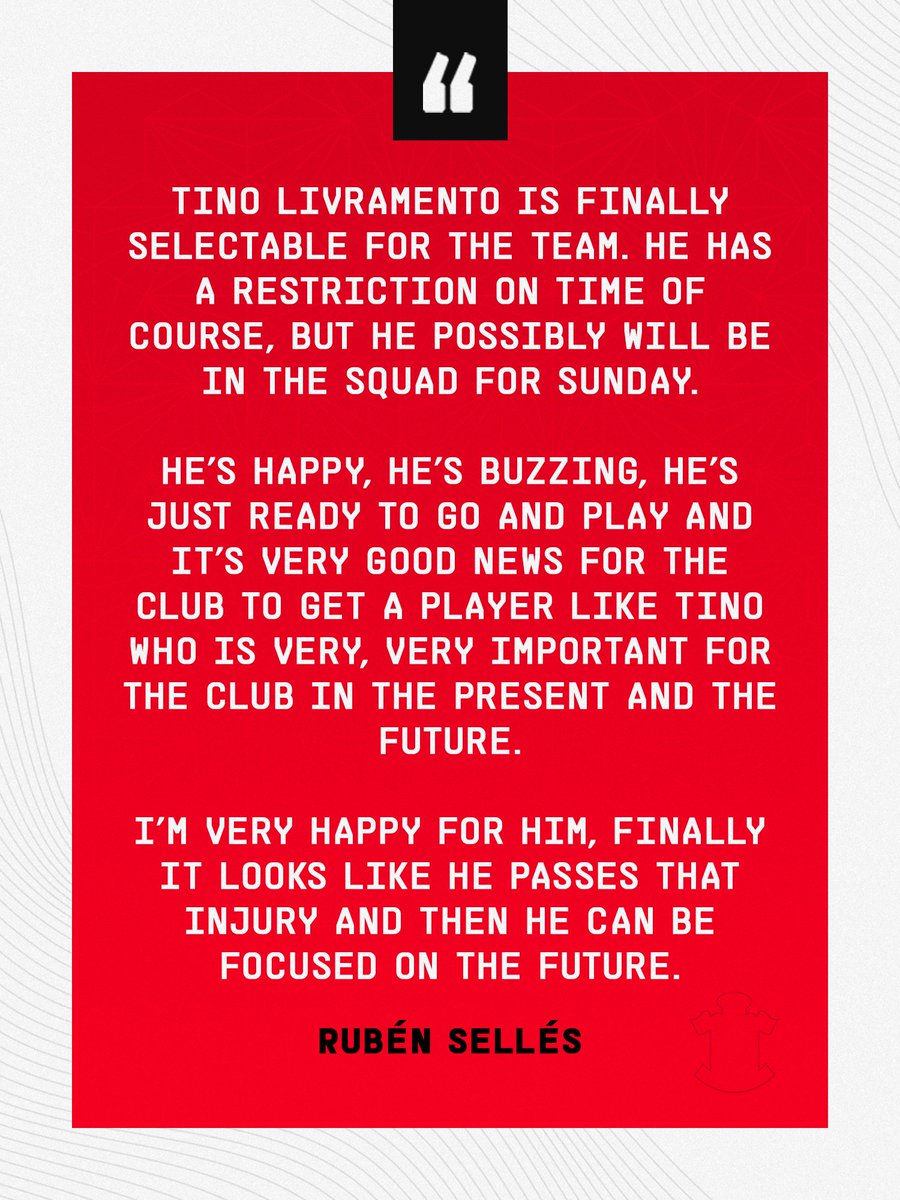 Can't wait to see you back, @tino_livramento ❤️

More than a year after his injury at Amex Stadium, the #SaintsFC full-back could make his long-awaited return there this Sunday!