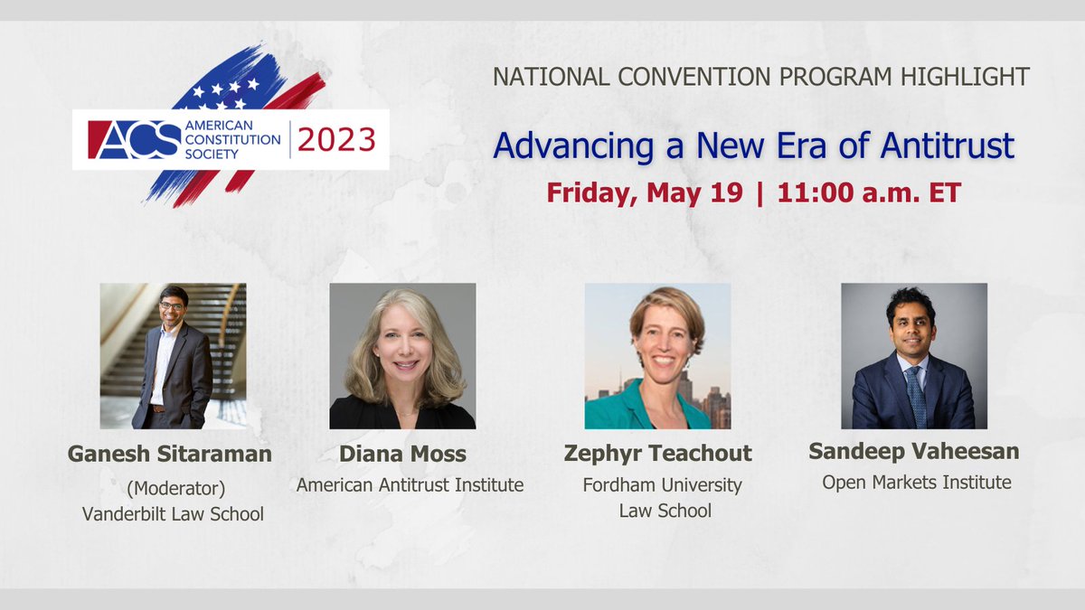 acslaw's tweet image. Check out: Advancing a New Era of Antitrust, later this morning. This conversation will put forward the question of how we can revive the progressive tradition of trust busting and resurrect the field of regulated industries. #ACS2023