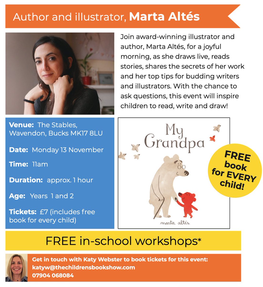 ChildrensBkShow's tweet photo. We’ll be @StablesMK in autumn with award winning illustrator &amp; author Marta Altés👏 
Give yr Yr 1&amp;2 the chance to see one of the very best  picture book creators live on stage drawing, reading stories &amp; giving top tips for budding writers &amp; illustrators AND a book to take home👇🏽 https://t.co/BYnRpdMvay