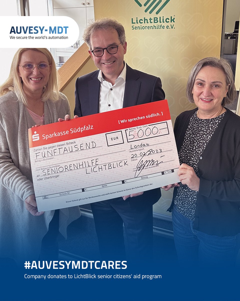 AUVESY-MDT donates to @lichtblick_sen aid program, to help combat poverty among the elderly.

❝We are very pleased to help support LichtBlick's commitment to seniors in need,❞ said Oliver Gronau, Group CCO.

Learn more 👇
hubs.ly/Q01PWgMf0

#AuvesyMDTCares
