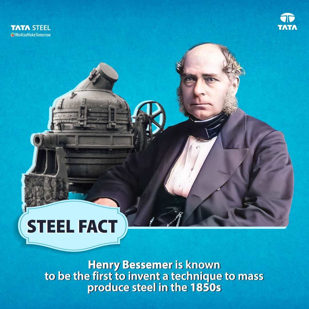 TataSteelLtd's tweet photo. In the 1850s, Henry Bessemer invented a technique to mass produce #steel, making it more accessible & affordable and inspiring new technologies in the process. So the next time you use a steel product, remember his brilliant invention!
#TataSteel #SteelFact https://t.co/rgr4XhTEJz