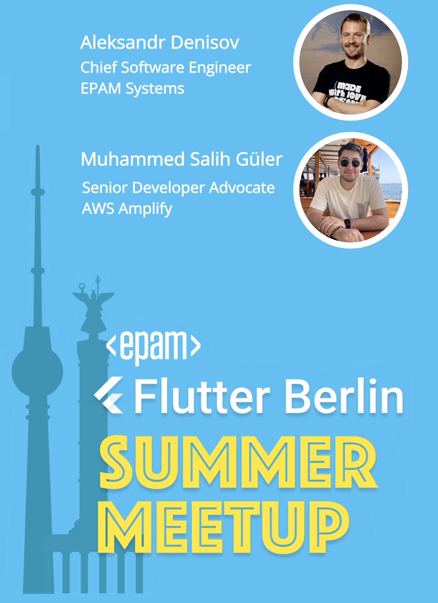 FlutterBerlin's tweet photo. We are pleased to announce the speakers for the #Flutter Berlin Summer Meetup. This time, both are Google Developer Experts in Flutter and Dart, as well as organizers of Flutter Berlin Meetup
Details are here: https://t.co/qSMozbn3ik
@shuregdenisov @salihgueler
#fluttersummer https://t.co/SAsYV7m3aj