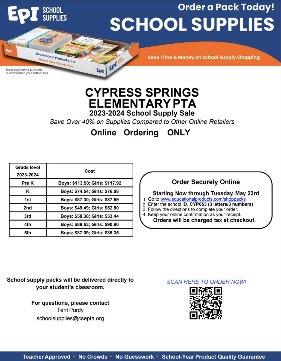 4 days left to order your 2023-24 school supplies online! Your supplies will be shipped to our school and waiting for your child when school starts.

Order now with our School ID CYP053 (3 letters &amp; 3 numbers) at: educationalproducts.com/shoppacks/

#csespower