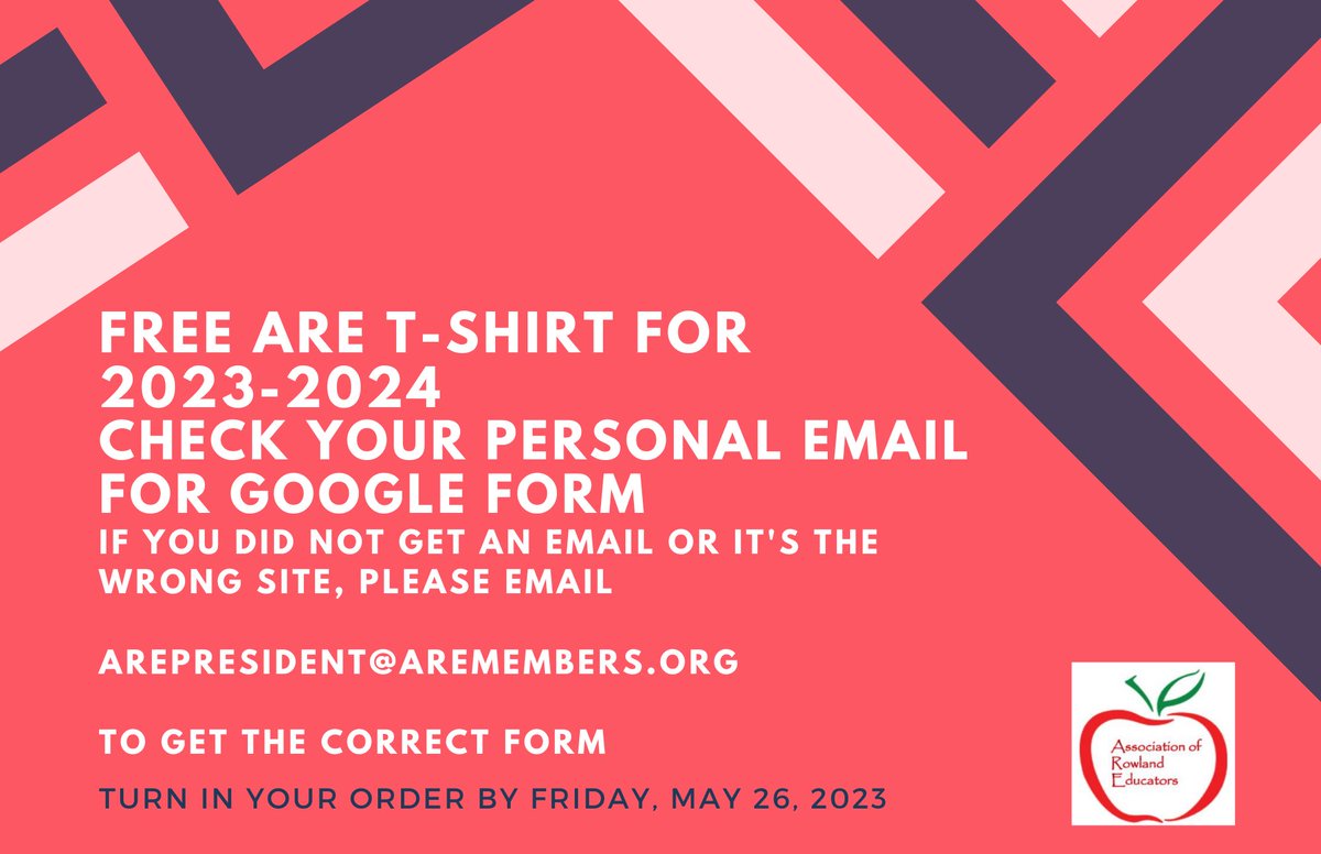 ARE members check your email from AREPresident@aremembers.org for a google form to order your free shirt. If the site is wrong, please reply so we can send the correct form to you! Happy Friday!