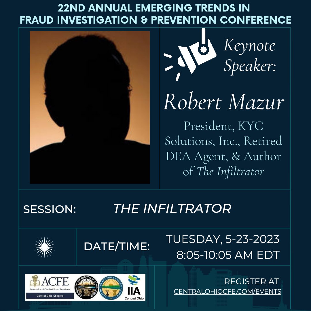CentralOhioCFE's tweet photo. Day 2 of our conference next week will start with Robert Mazur, the DEA agent who spent 5 years undercover infiltrating the criminal hierarchy of Colombia's drug cartels. Register here: https://t.co/4yY7icjo30 ๐
#coacfe #emergingtrendsconference #lawenforcement #TheInfiltrator https://t.co/XCNhGbbwP8