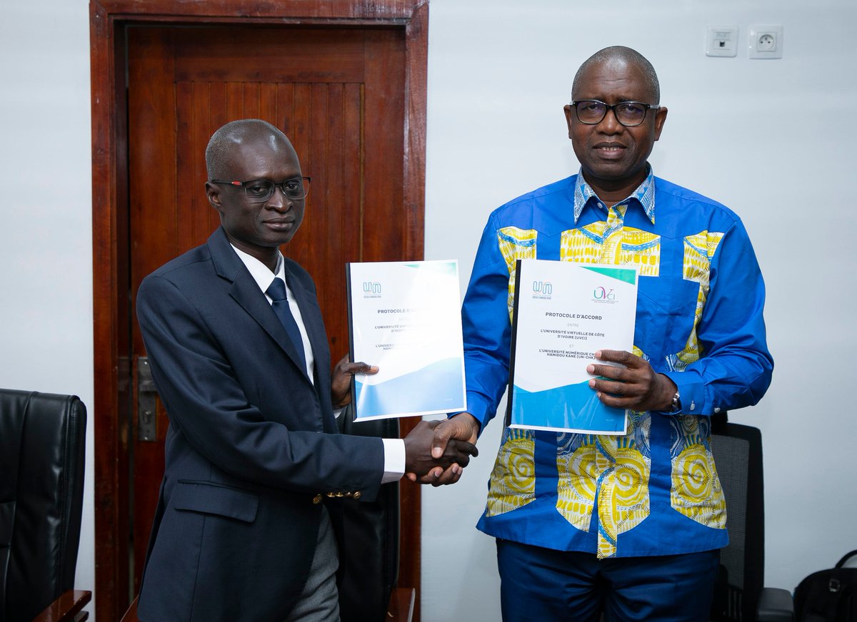 unchk_sn's tweet photo. [#PARTENARIAT]
A Abidjan, le Pr Moussa LO, Recteur de l'UN-CHK (ex UVS) et le Pr Tiemoman KONE, Directeur général de l'@uvciv ont signé une convention de partenariat entre les deux institutions d'enseignement à distance. Plus d'infos via le lien suivant : https://t.co/FcsjmgwSX7 https://t.co/XuygEQhjYc